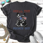 French bulldog wearing American flag sunglasses, "Chill the Fourth Out" text.