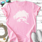 White Shih Tzu dog wearing a cigarette on a pink t-shirt.