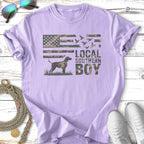 Lavender t-shirt with "LOCAL SOUTHERN BOY" text and camouflage flag.