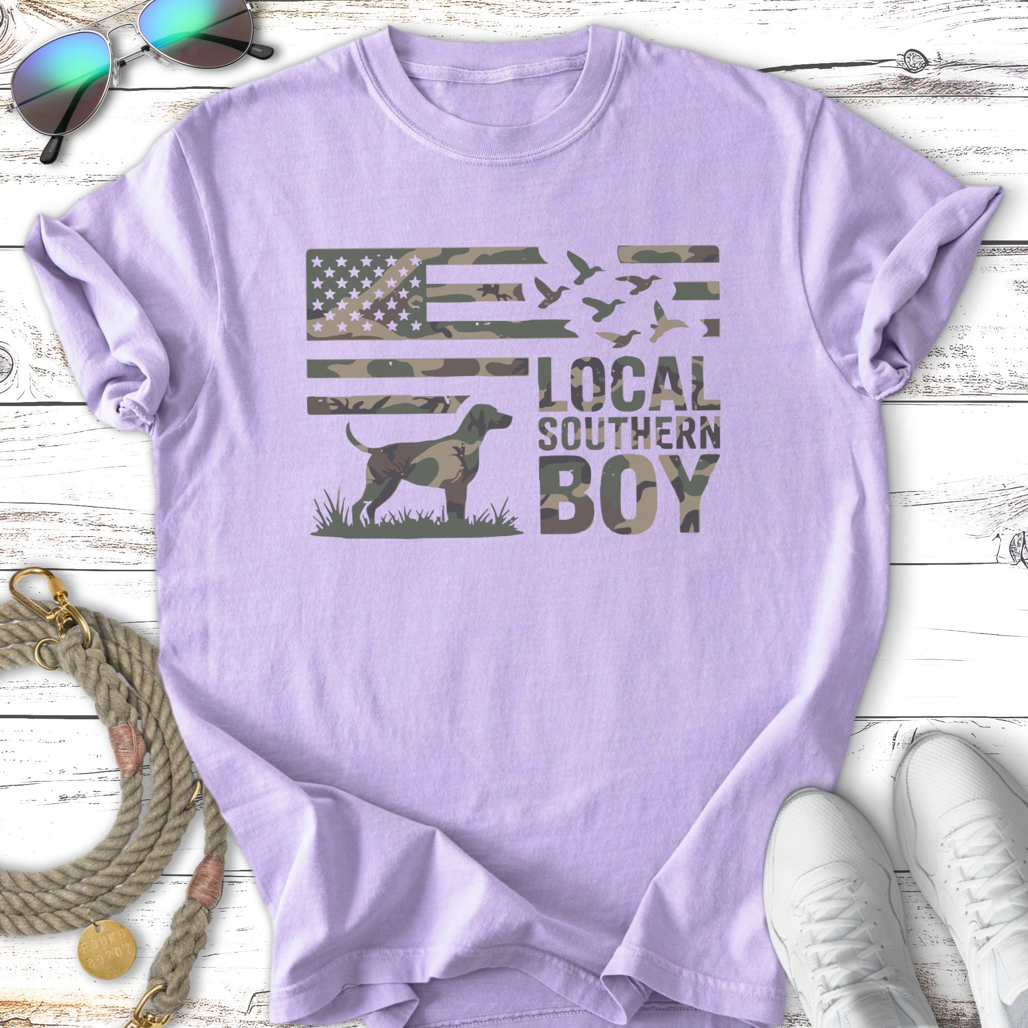 Lavender t-shirt with "LOCAL SOUTHERN BOY" text and camouflage flag.