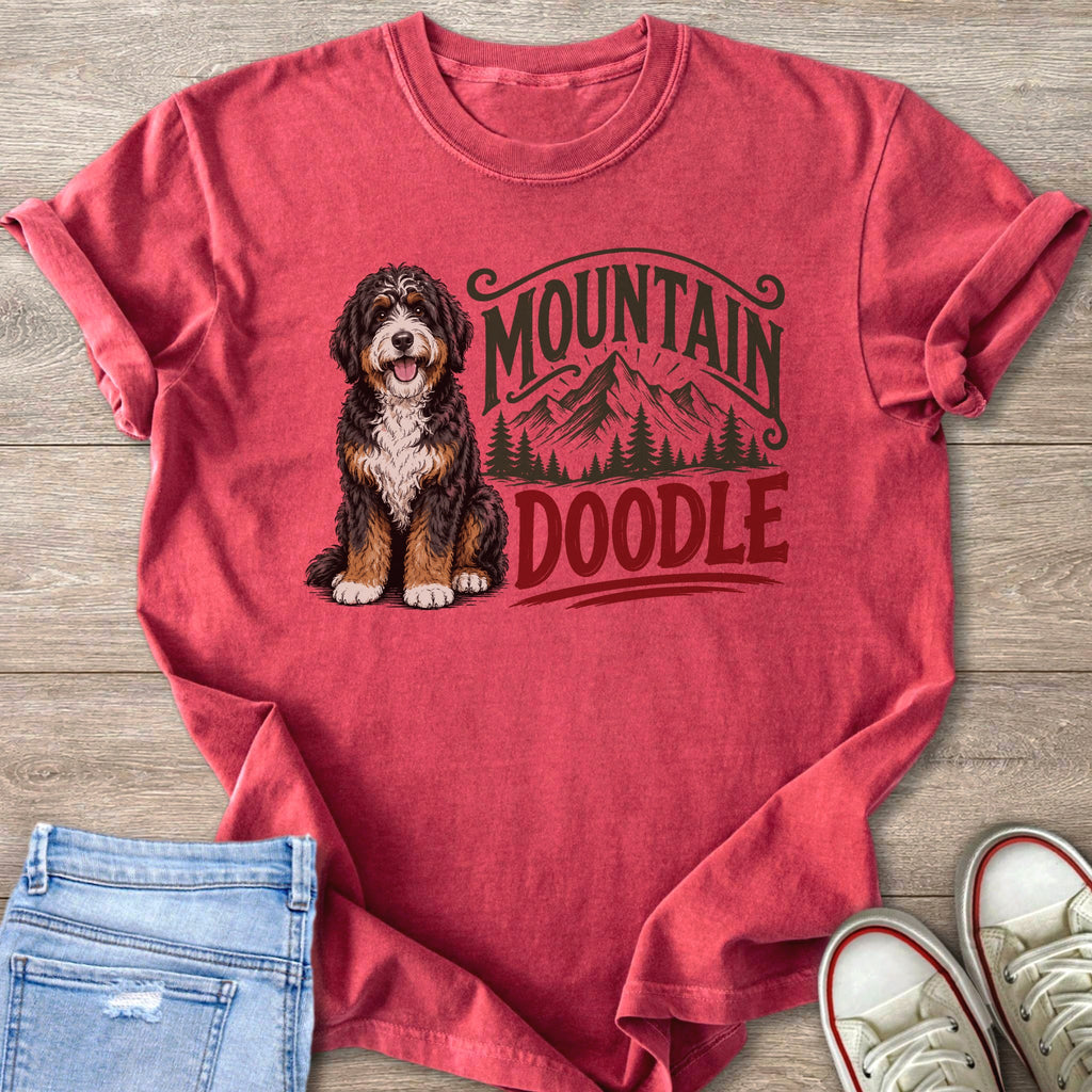 Red t-shirt with a cartoon Bernese Mountain Dog and "Mountain Doodle" text.