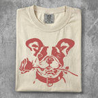 Cream t-shirt with a red French bulldog holding a red rose in its mouth.
