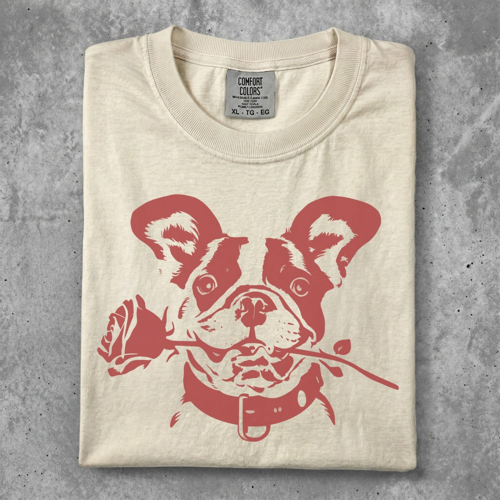 Cream t-shirt with a red French bulldog holding a red rose in its mouth.