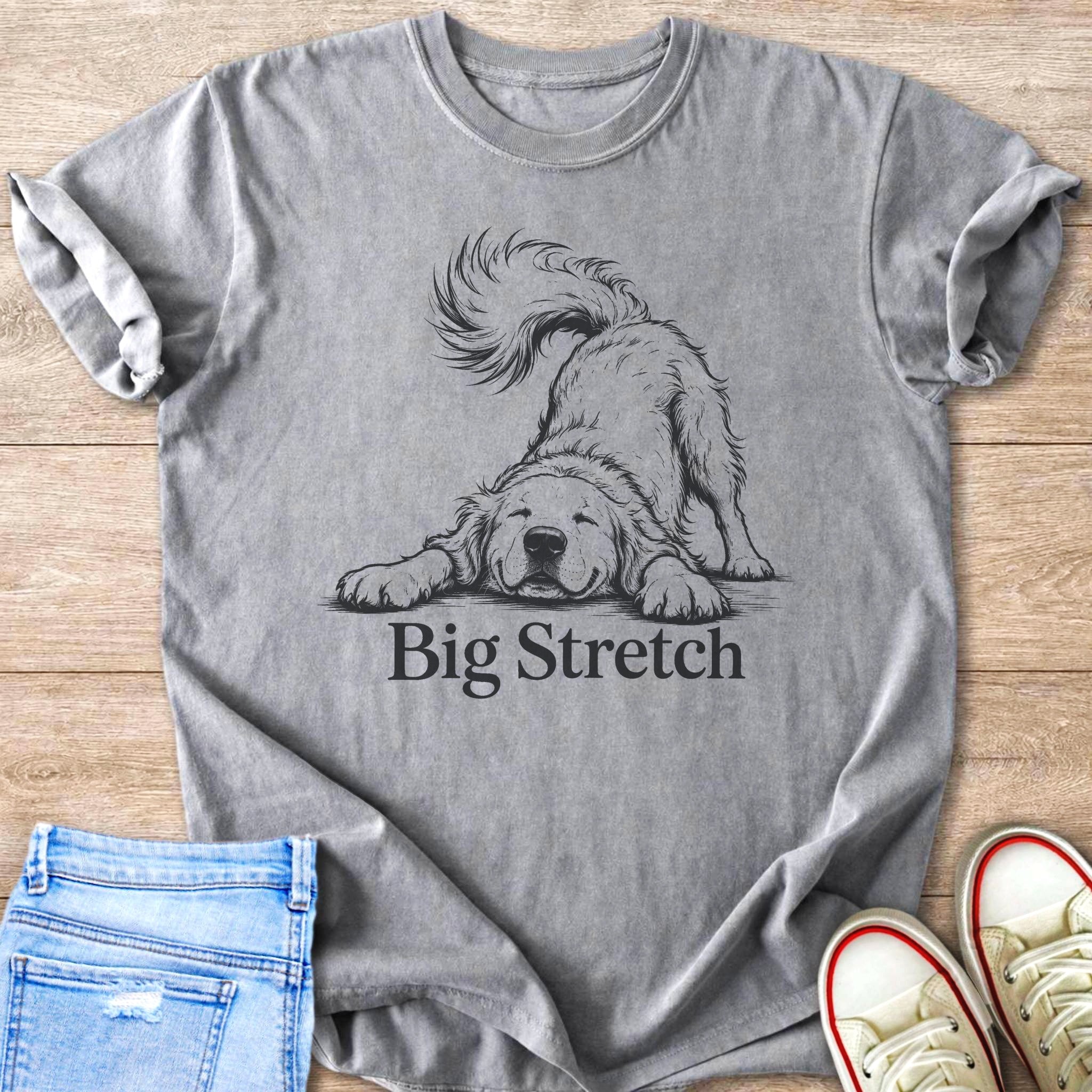 Gray t-shirt with black sketch of dog labeled "Big Stretch".