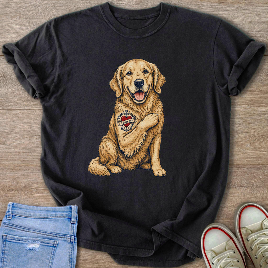 Golden Retriever tee with an anchor, heart, and "I Love Mom" ribbon tattoo on chest.