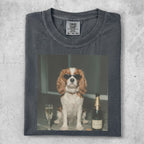 Dog in sunglasses with champagne bottle and glass.