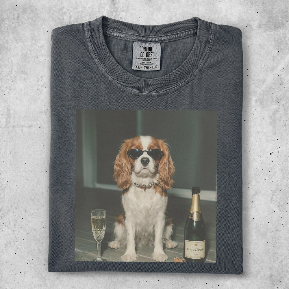 Dog in sunglasses with champagne bottle and glass.