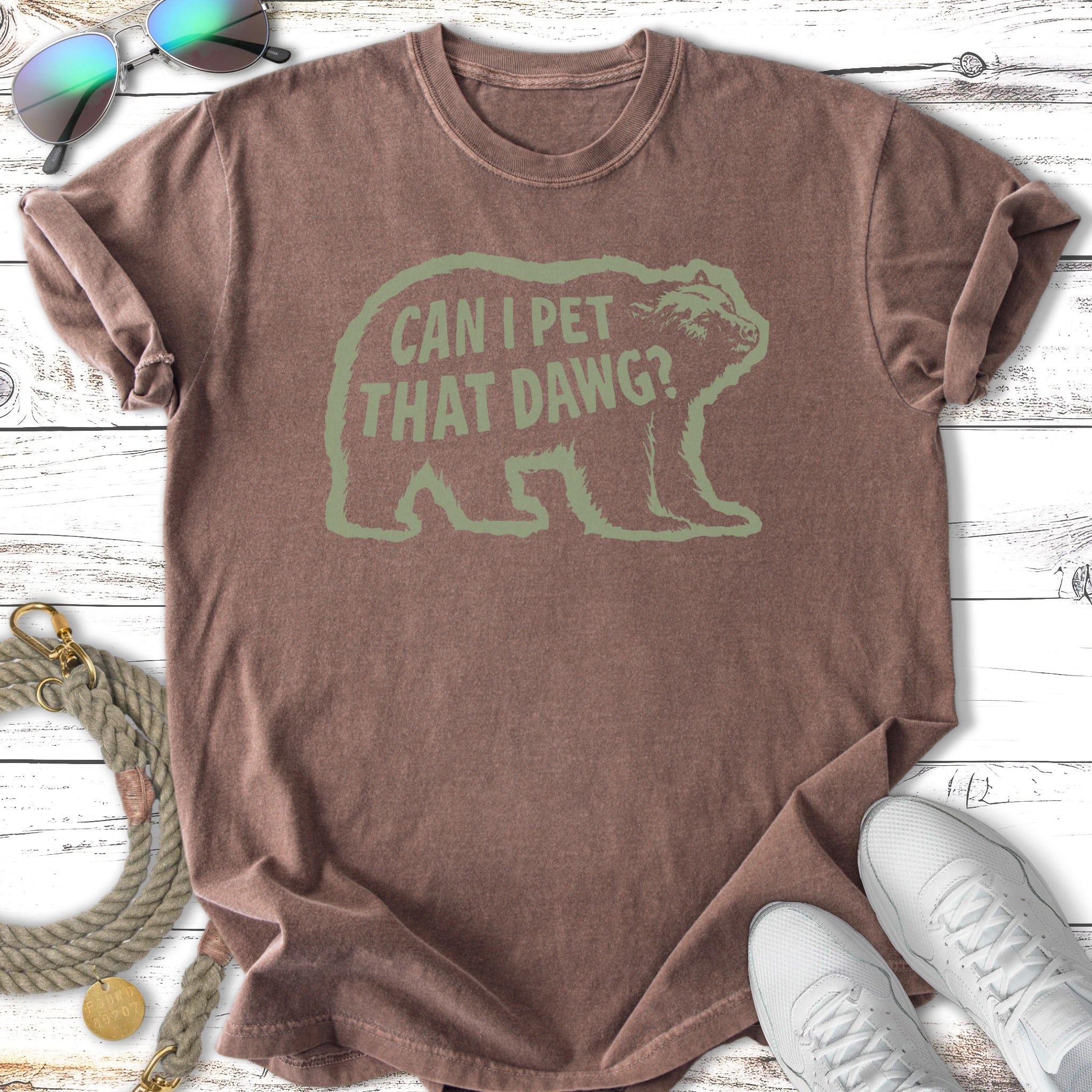 Brown t-shirt with a distressed bear graphic and text "CAN I PET THAT DAWG?".