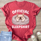 Red t-shirt with a sleeping French Bulldog and text "OFFICIAL SLEEPSHIRT"
