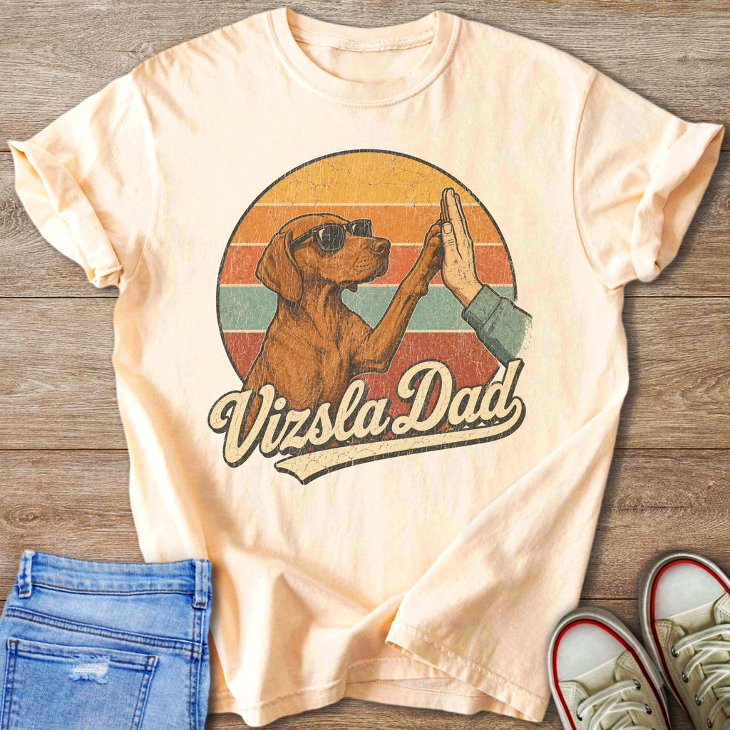 Vizsla dog wearing sunglasses gives a high five with text "Vizsla Dad".