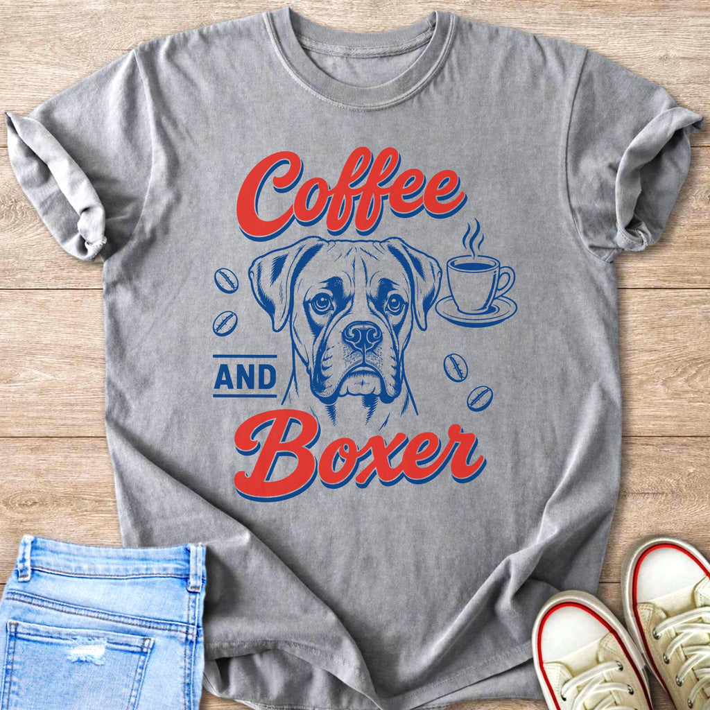 Gray t-shirt with "Coffee and Boxer" text and boxer dog graphic.