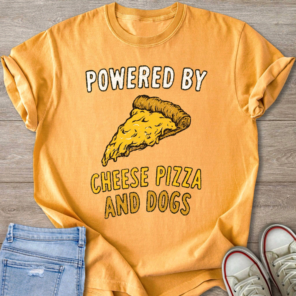 Orange t-shirt with "POWERED BY CHEESE PIZZA AND DOGS" and pizza graphic.