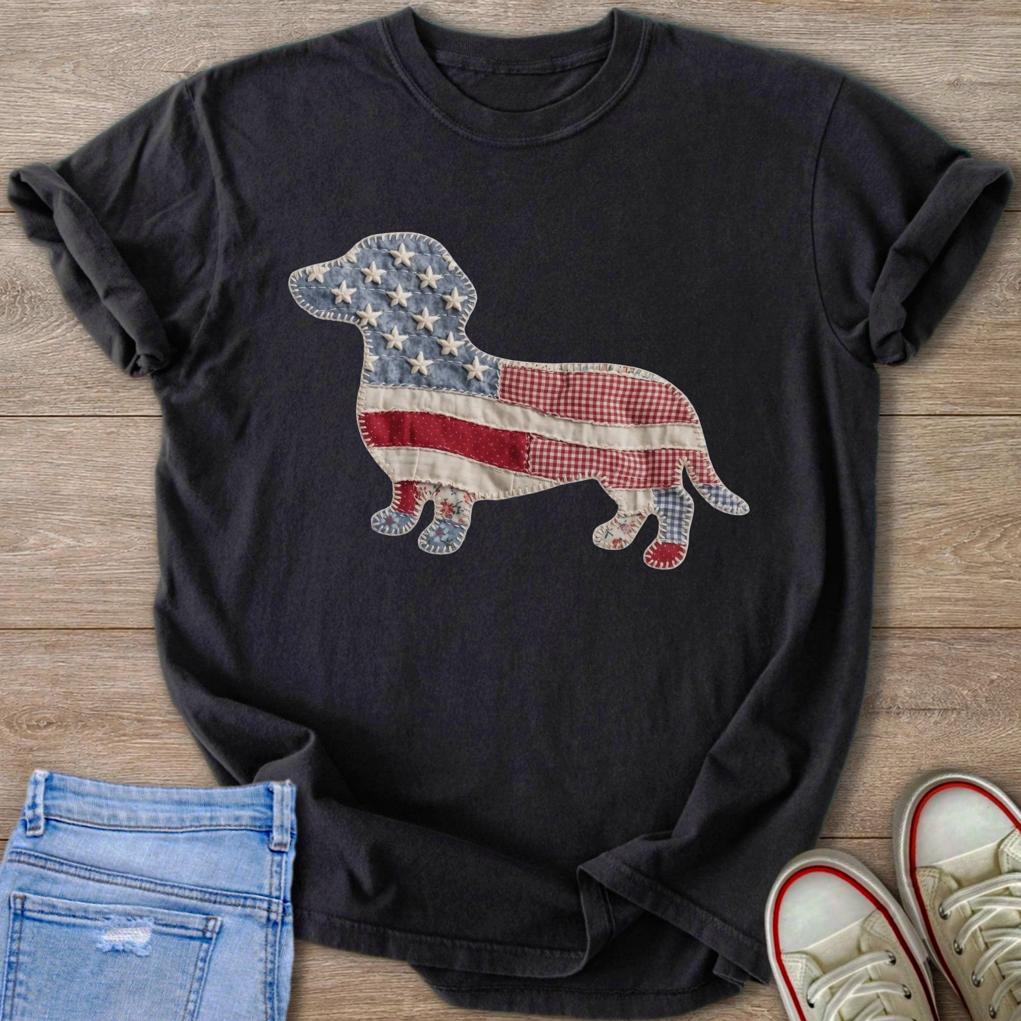Dark t-shirt with a patriotic dachshund patch made of American flag fabrics.