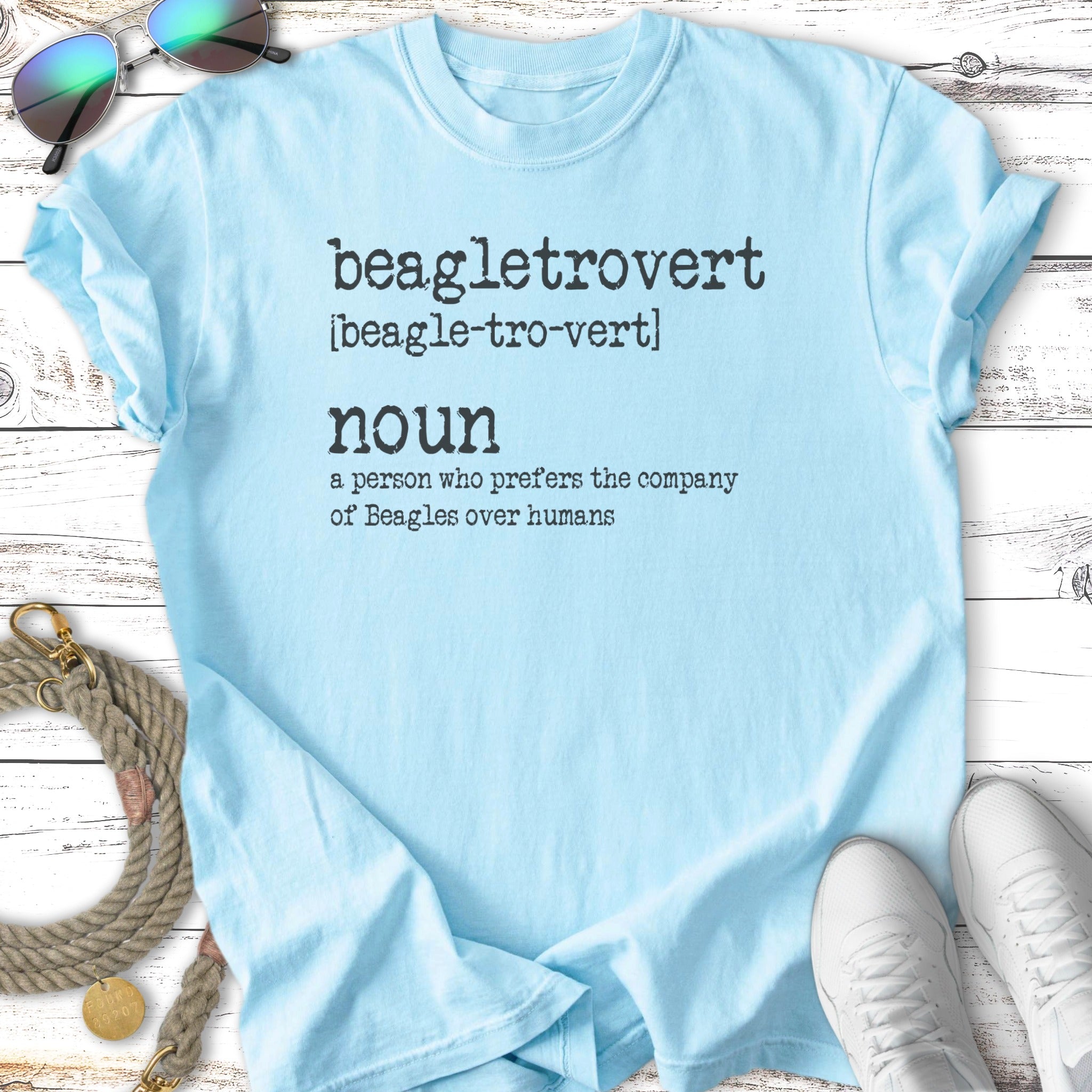 Light blue t-shirt with "beagletrovert noun a person who prefers the company of Beagles over humans" text.