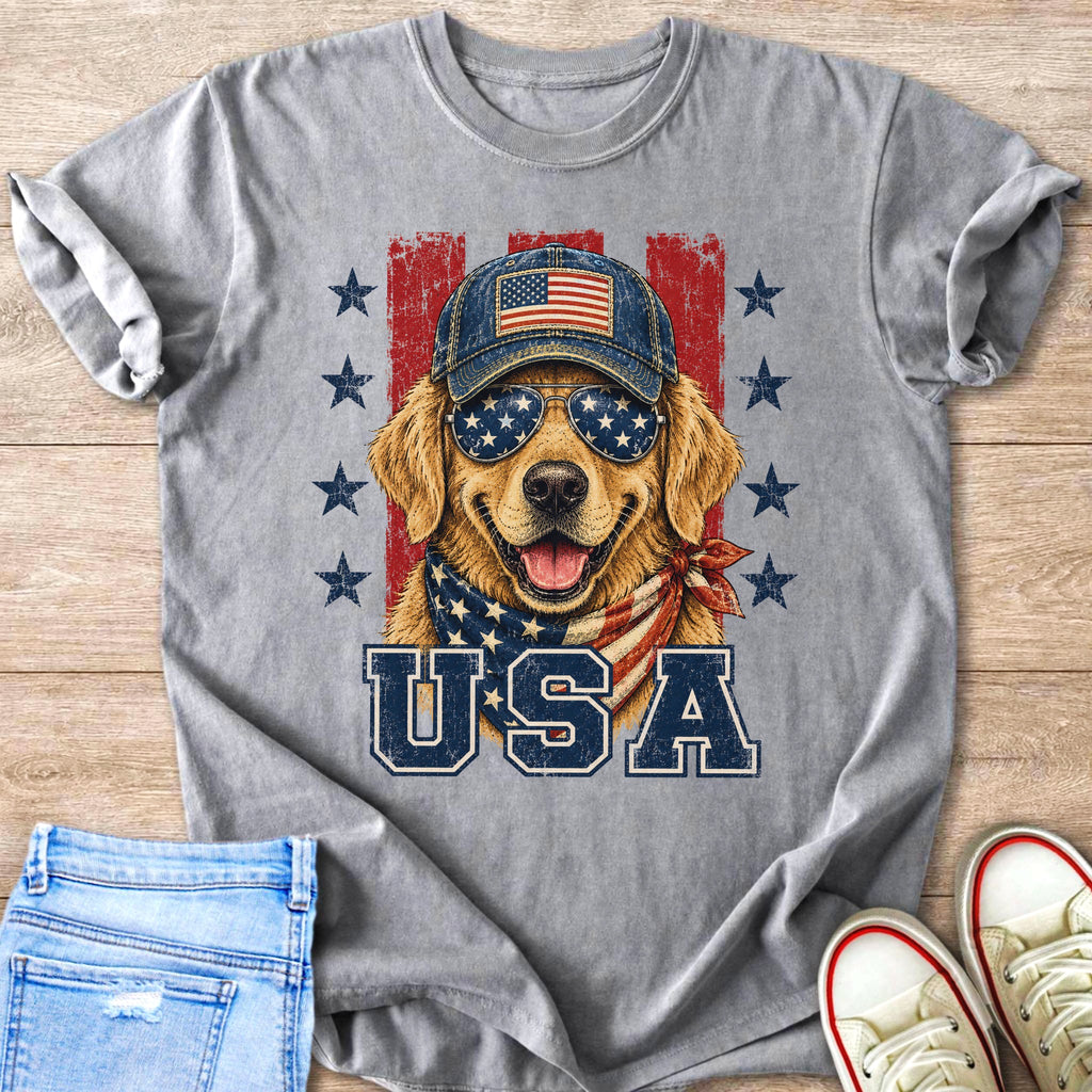 Golden retriever wearing American flag sunglasses and bandana, with "USA" text.
