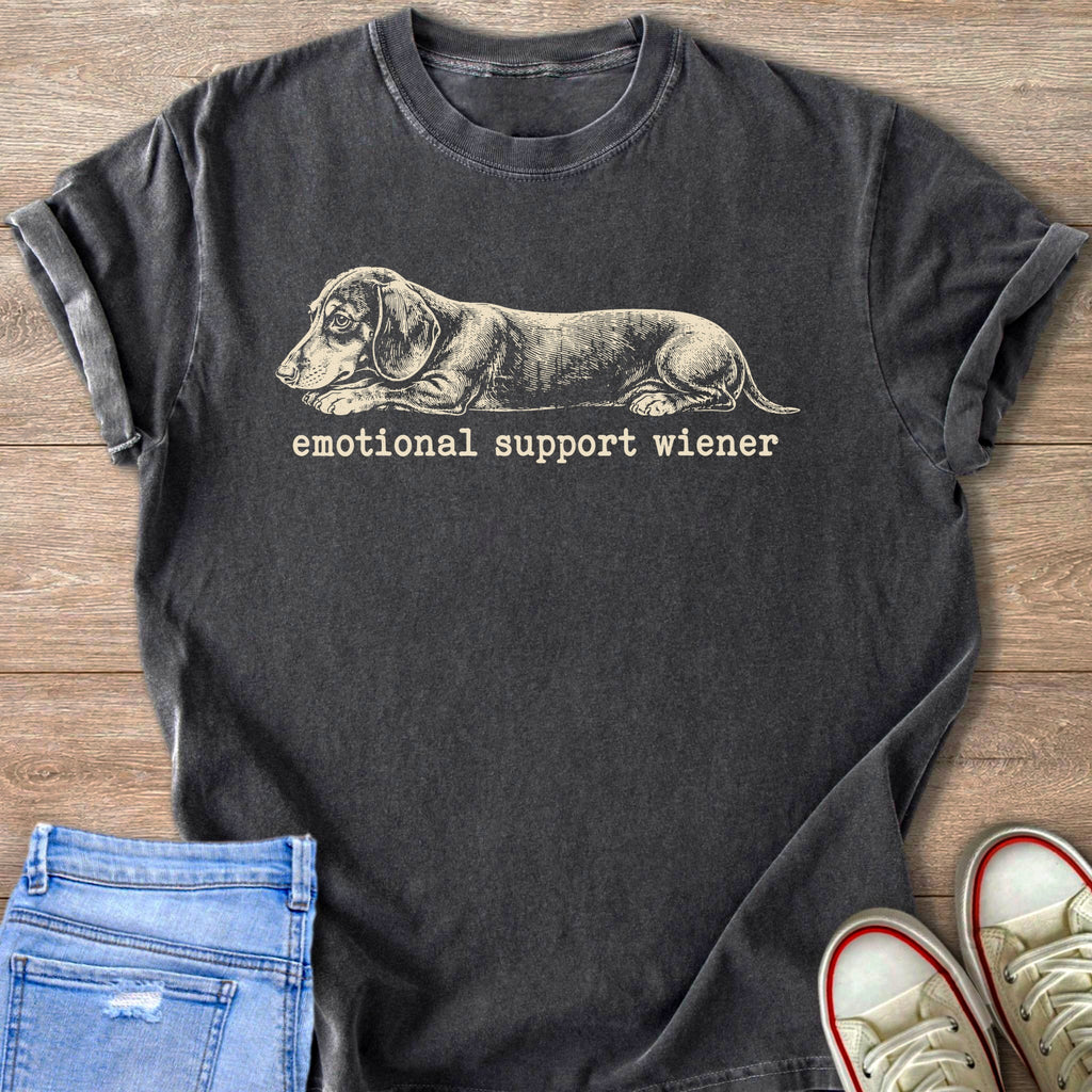Charcoal t-shirt with dachshund graphic and "emotional support wiener" text