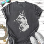 German Shepherd dog head sketch on a charcoal t-shirt.