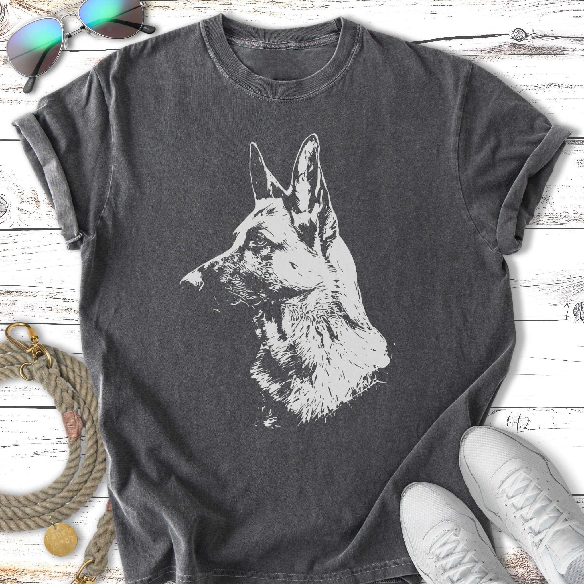 German Shepherd dog head sketch on a charcoal t-shirt.