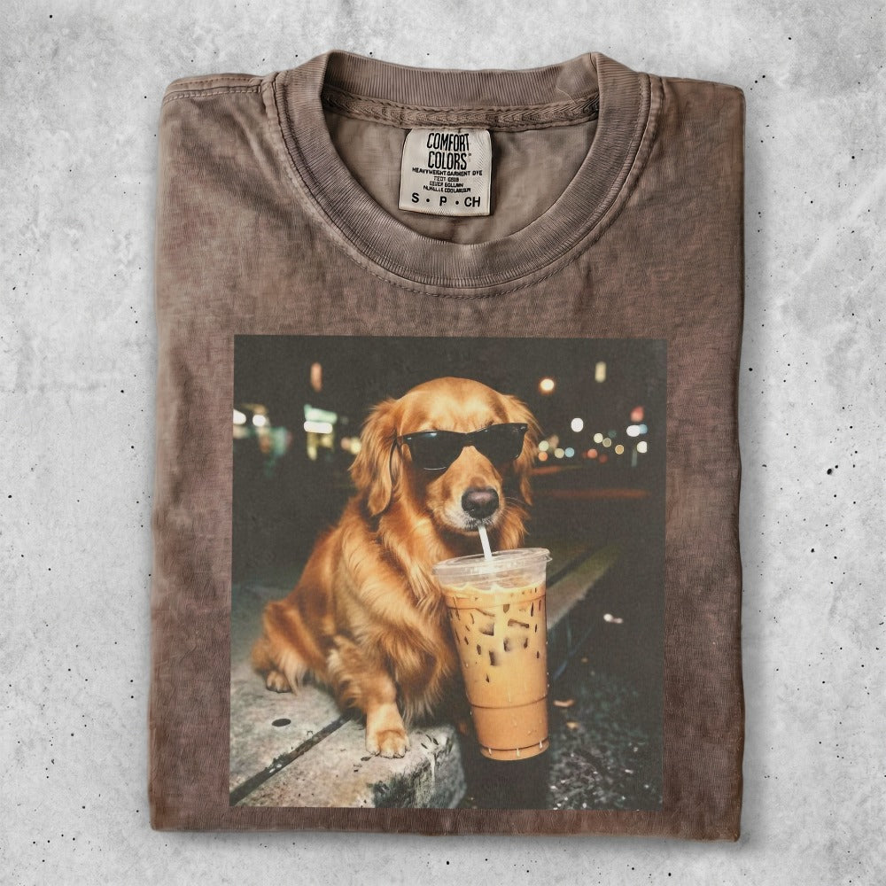 Golden retriever wearing sunglasses drinks iced coffee.