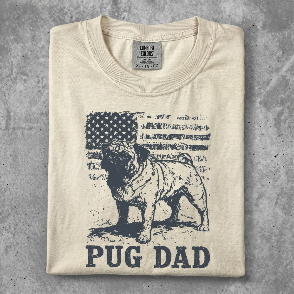 Pug dad shirt with distressed American flag and pug graphic.