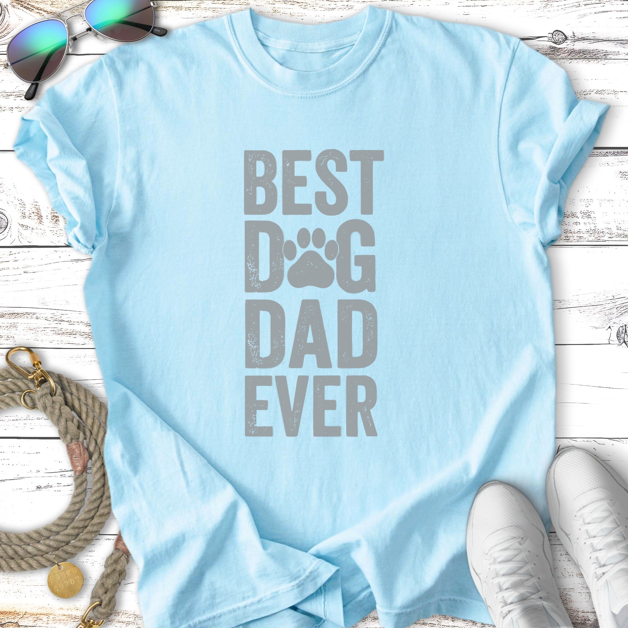 Light blue t-shirt with "BEST DOG DAD EVER" in grey lettering.