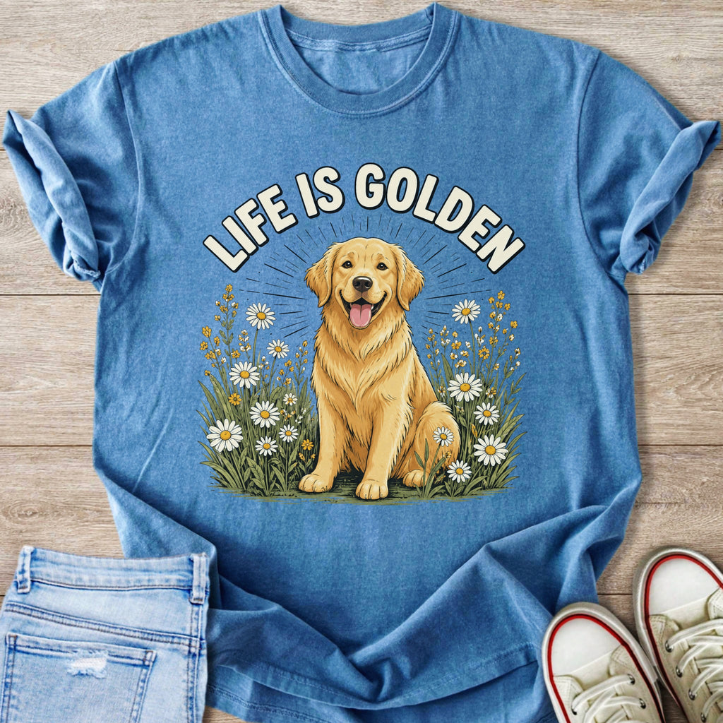 Blue t-shirt with a golden retriever sitting among daisies, text "Life is Golden".