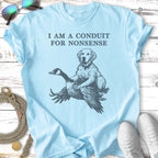 Light blue t-shirt with a graphic of a dog riding a goose.