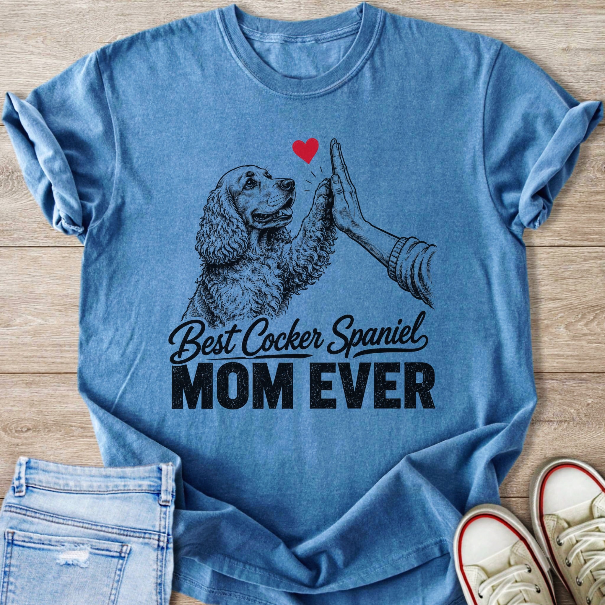 Blue t-shirt with a Cocker Spaniel giving a high-five and text reading "Best Cocker Spaniel MOM EVER."