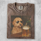 Brown t-shirt featuring a poodle wearing sunglasses next to a mug of beer.
