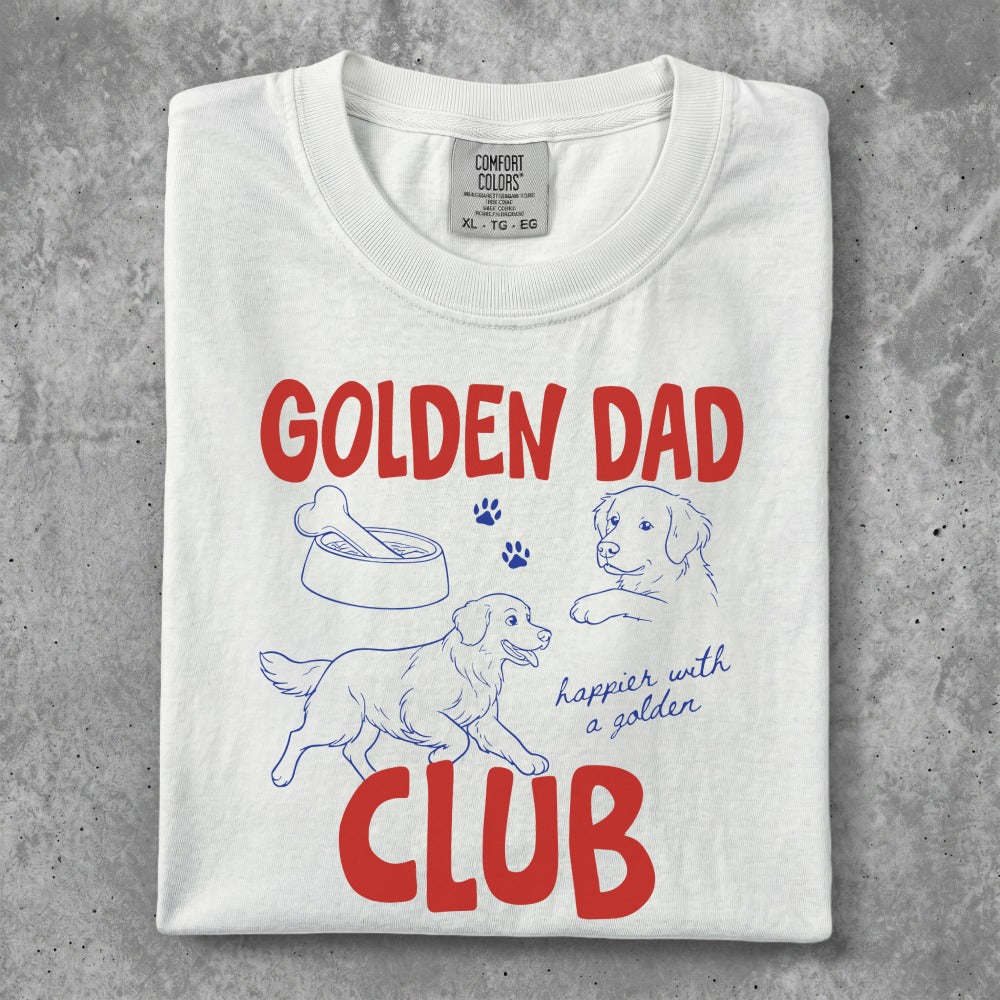 White t-shirt with "Golden Dad Club" and dog illustrations in red.