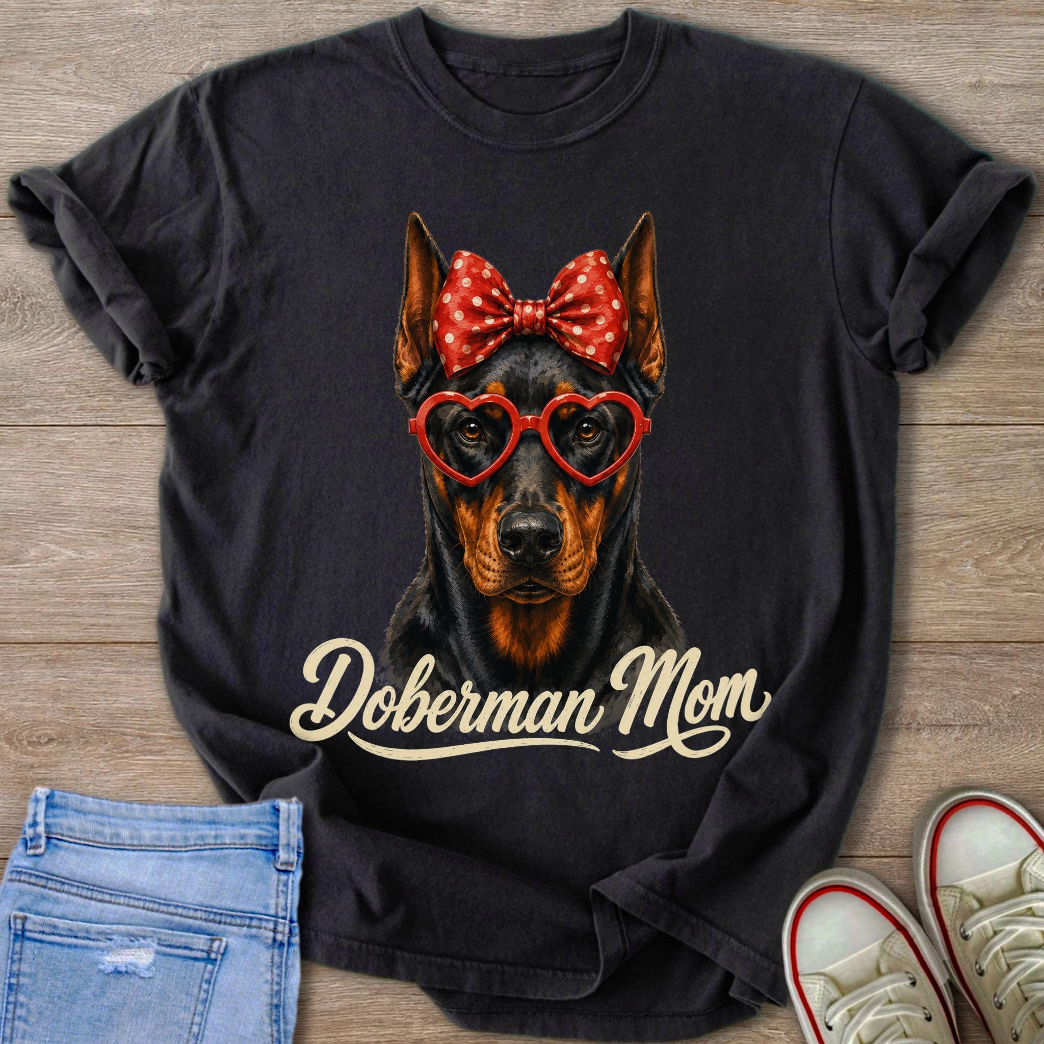 Black t-shirt with a Doberman wearing a red bow and heart glasses, text "Doberman Mom".