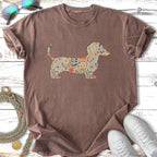 Brown t-shirt with a floral dachshund graphic and sunglasses.