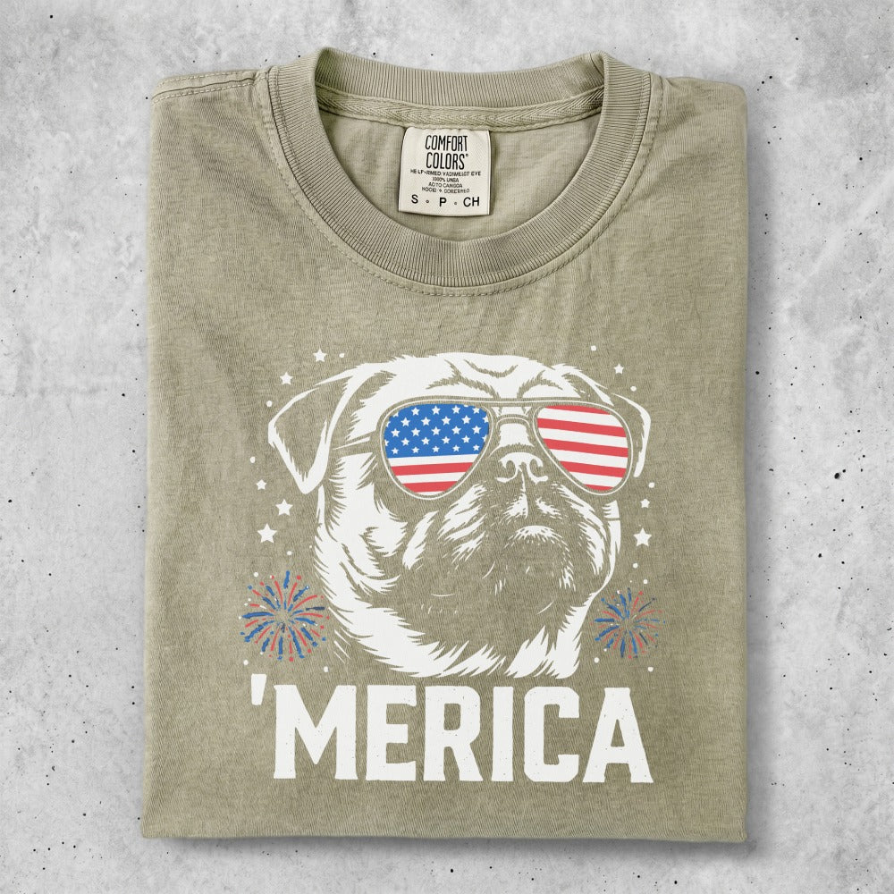 T-shirt with American flag sunglasses and "MERICA" text.