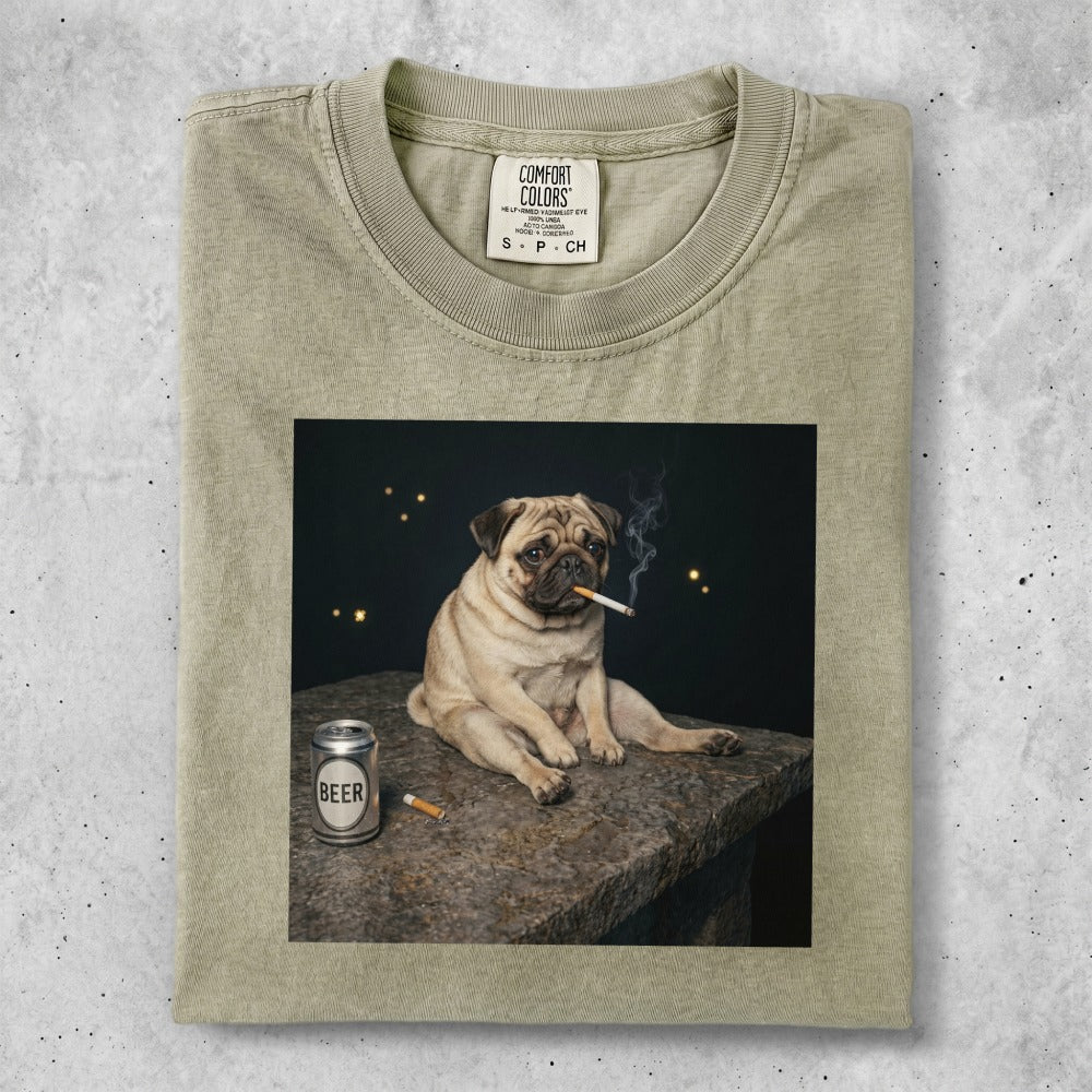 Pug smoking a cigarette next to a can of beer on a dark background.