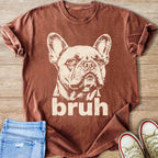 Brown t-shirt with distressed French bulldog graphic and "bruh" text.