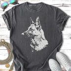 Charcoal t-shirt with a white outline sketch of a German Shepherd's head.