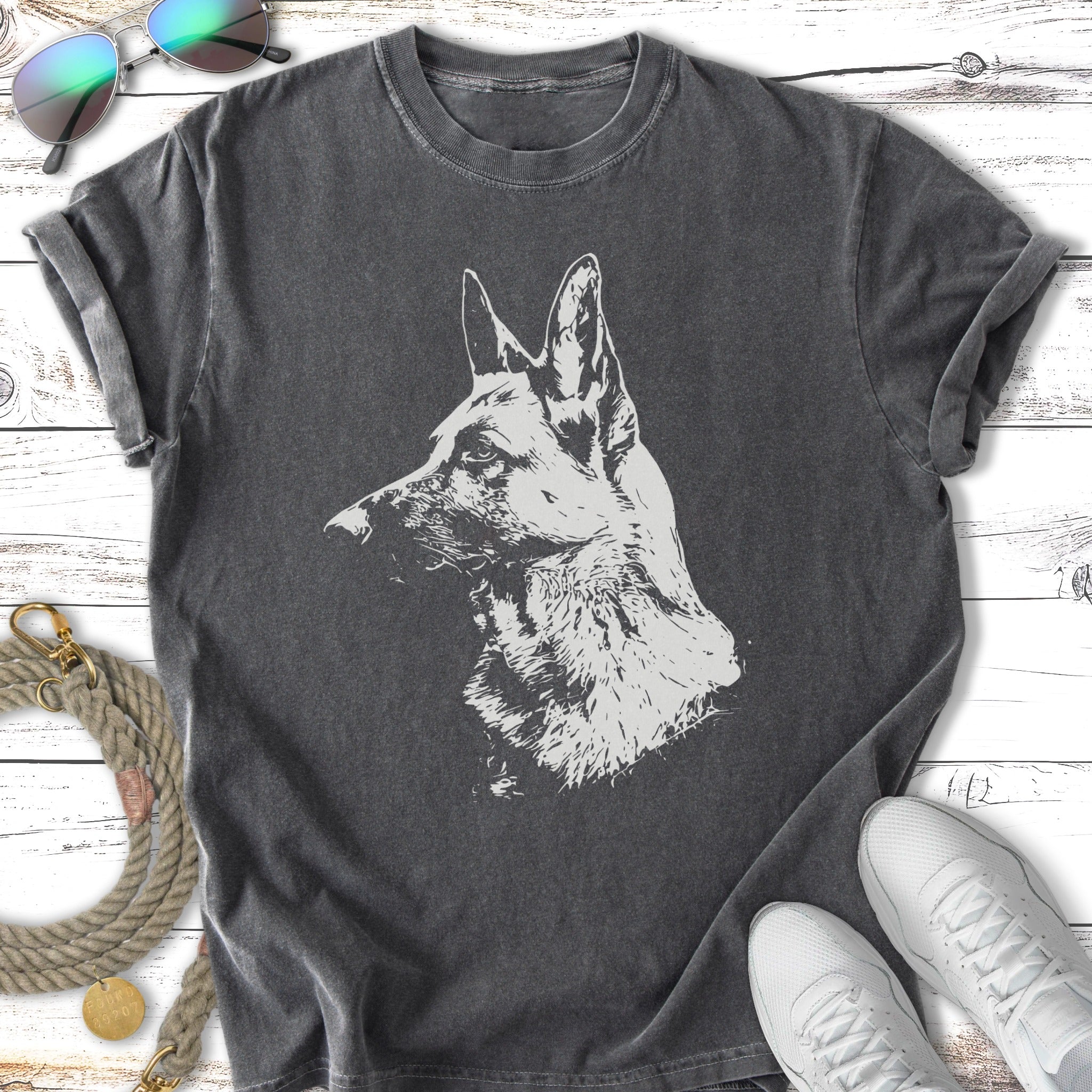 Charcoal t-shirt with a white outline sketch of a German Shepherd's head.