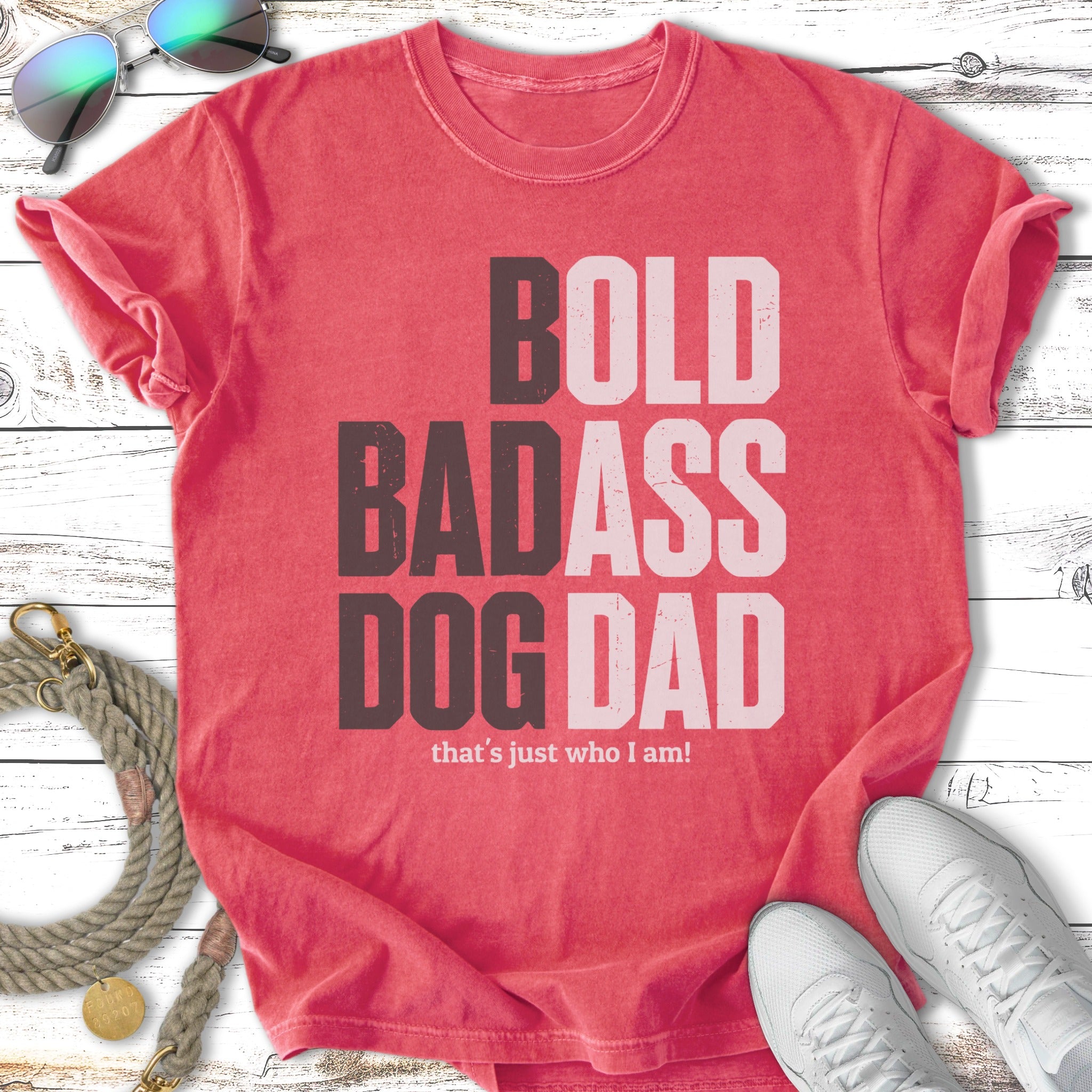 Bold Badass Dog Dad t-shirt with sunglasses and sneakers.