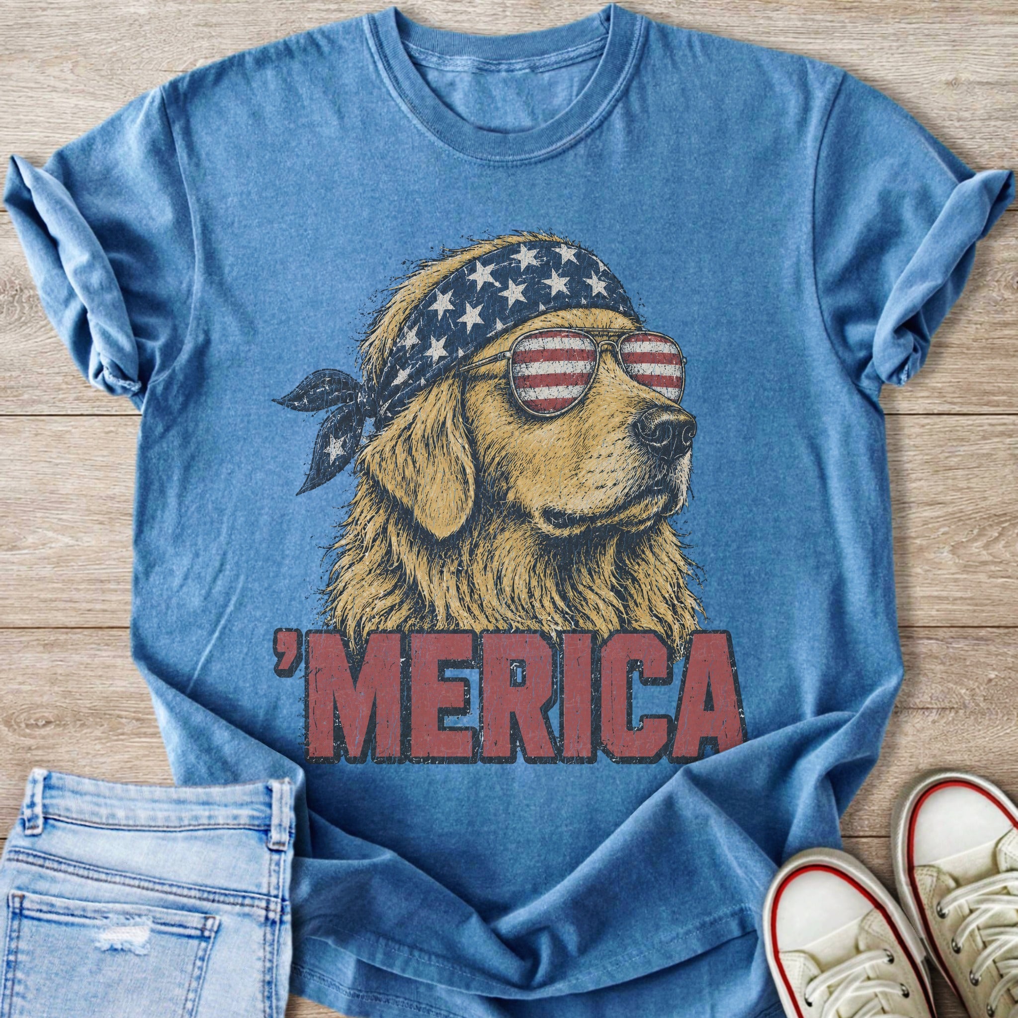 Golden retriever dog wearing patriotic bandana and sunglasses, with 'Merica text.
