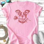 Pink t-shirt with a French bulldog holding a rose in its mouth.