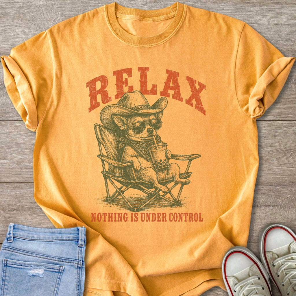 Orange t-shirt with a graphic of a chihuahua in a cowboy hat and sunglasses drinking bubble tea.