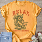 Orange t-shirt with a graphic of a chihuahua in a cowboy hat and sunglasses drinking bubble tea.