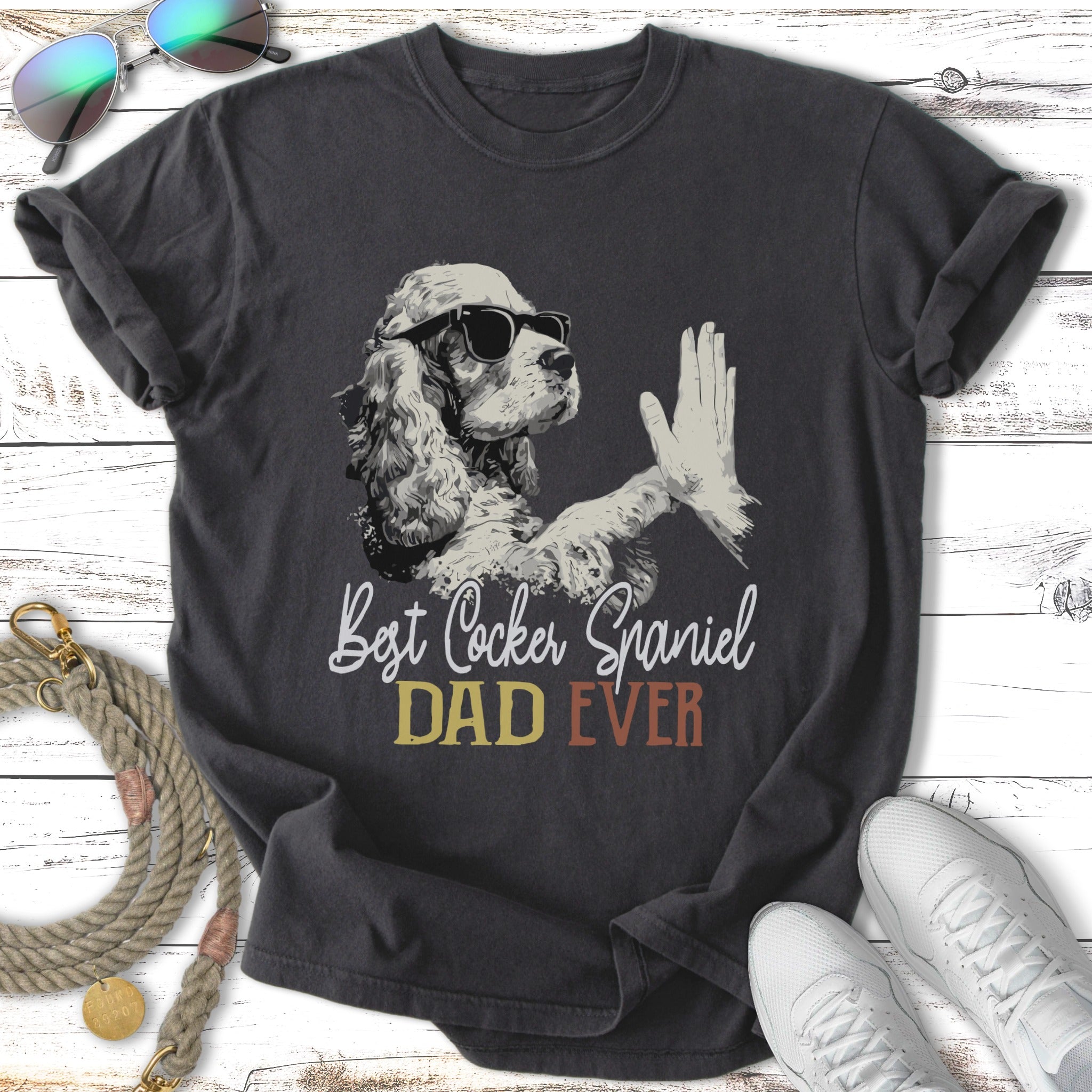 Best Cocker Spaniel Dad Ever graphic on dark t-shirt with sunglasses and dog.