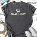 Dark grey t-shirt with "treat dealer" and paw print graphic.