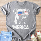 White boxer dog graphic wearing American flag sunglasses with text 'MERICA.