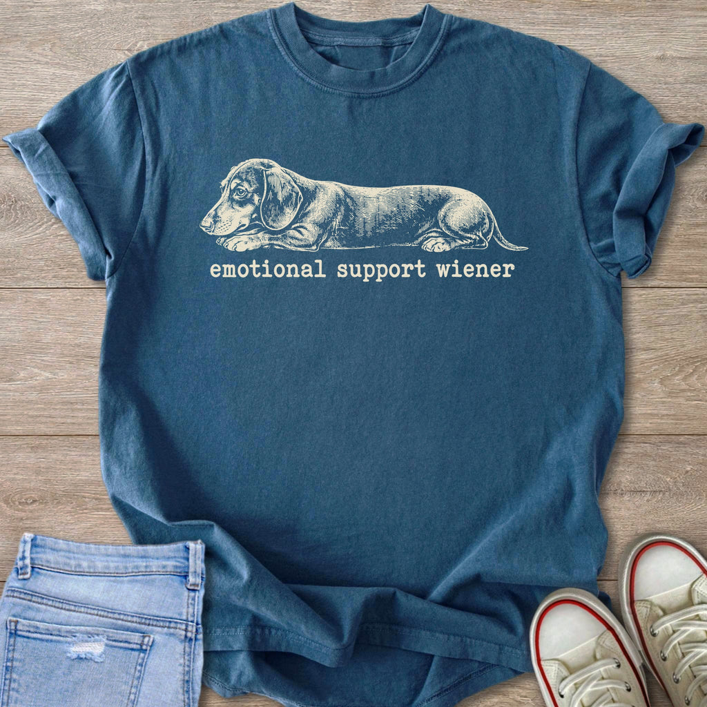T-shirt with dachshund graphic and text "emotional support wiener"