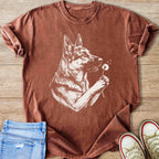 T-shirt with white graphic of a German Shepherd holding a dandelion