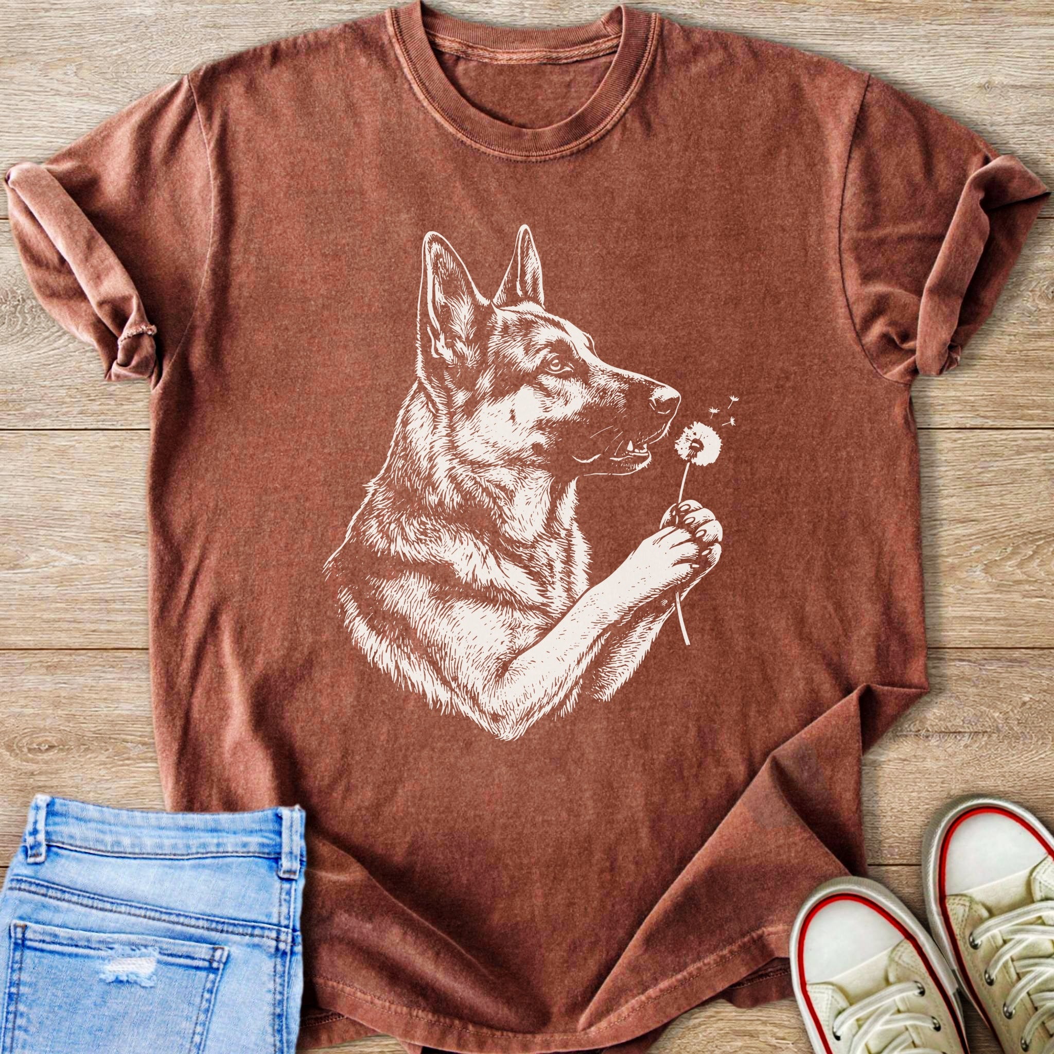 T-shirt with white graphic of a German Shepherd holding a dandelion