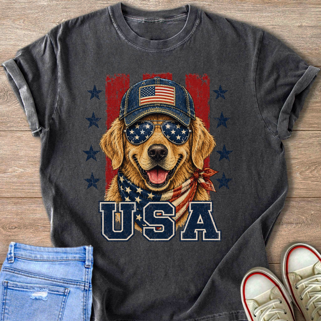 Golden Retriever dog wearing American flag bandana, sunglasses, and baseball cap with text USA.