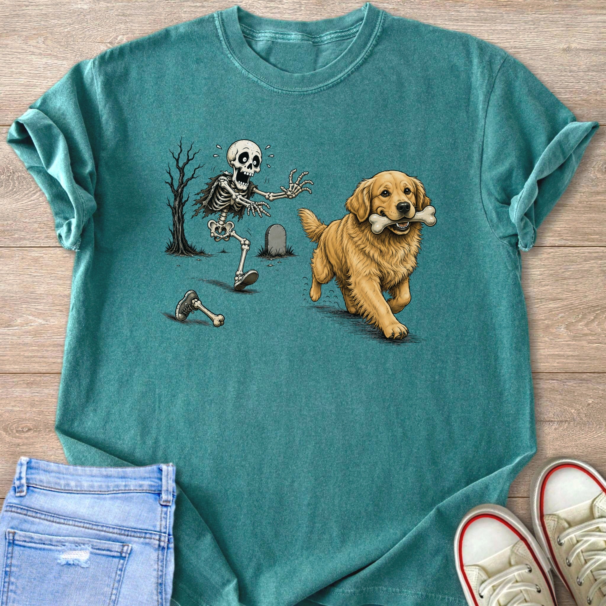 Skeleton chasing a golden retriever carrying a bone in a graveyard scene.